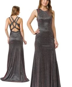 Prom Long Metallic Glitter Dress With Open Back Cut Outs By Poly USA 8342