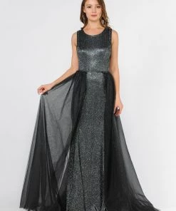 Prom Long Metallic Glitter Dress With Open Back Cut Outs By Poly USA 8342