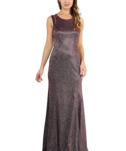 Prom Long Metallic Glitter Dress With Open Back Cut Outs By Poly USA 8342