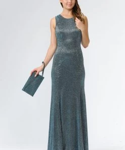 Prom Long Metallic Glitter Dress With Open Back Cut Outs By Poly USA 8342