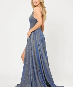Long Metallic Glitter Dress With Short Skirt By Poly USA 8700 Prom