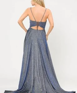 Long Metallic Glitter Dress With Short Skirt By Poly USA 8700 Prom