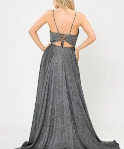 Long Metallic Glitter Dress With Short Skirt By Poly USA 8700 Prom