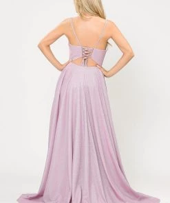 Long Metallic Glitter Dress With Short Skirt By Poly USA 8700 Prom