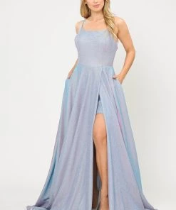 Long Metallic Glitter Dress With Short Skirt By Poly USA 8700 Prom