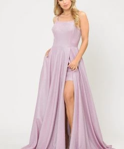 Long Metallic Glitter Dress With Short Skirt By Poly USA 8700 Prom