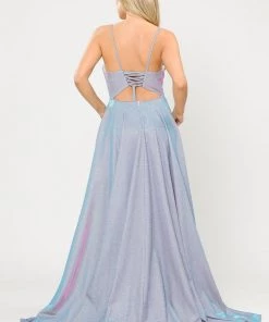 Long Metallic Glitter Dress With Short Skirt By Poly USA 8700 Prom