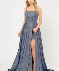 Long Metallic Glitter Dress With Short Skirt By Poly USA 8700 Prom