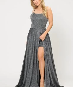 Long Metallic Glitter Dress With Short Skirt By Poly USA 8700 Prom