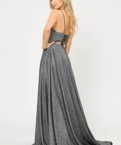 Long Metallic Glitter Dress With Short Skirt By Poly USA 8700 Prom