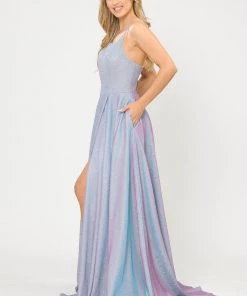 Long Metallic Glitter Dress With Short Skirt By Poly USA 8700 Prom