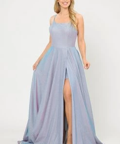 Long Metallic Glitter Dress With Short Skirt By Poly USA 8700 Prom