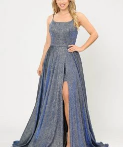 Long Metallic Glitter Dress With Short Skirt By Poly USA 8700 Prom