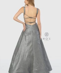Long Metallic Glitter Dress With Strappy Back By Nox Anabel C240