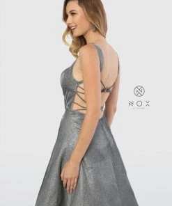 Long Metallic Glitter Dress With Strappy Back By Nox Anabel C240