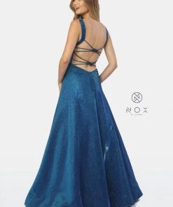 Long Metallic Glitter Dress With Strappy Back By Nox Anabel C240