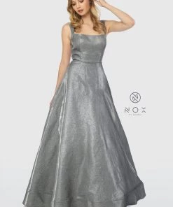 Long Metallic Glitter Dress With Strappy Back By Nox Anabel C240