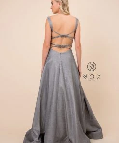 Long Metallic Glitter Dress With Strappy Back By Nox Anabel C240