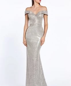 Long Metallic Off Shoulder Dress By Cinderella Divine CZ0018 Prom