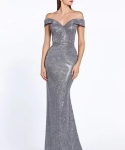 Long Metallic Off Shoulder Dress By Cinderella Divine CZ0018 Prom