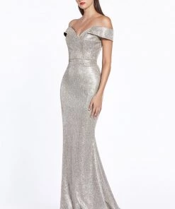 Long Metallic Off Shoulder Dress By Cinderella Divine CZ0018 Prom