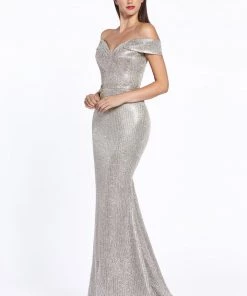 Long Metallic Off Shoulder Dress By Cinderella Divine CZ0018 Prom