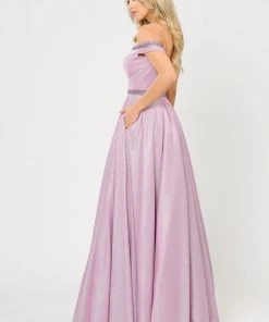Long Metallic Glitter Off Shoulder Dress By Poly USA 8664 Prom