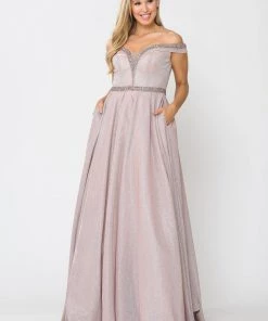 Long Metallic Glitter Off Shoulder Dress By Poly USA 8664 Prom