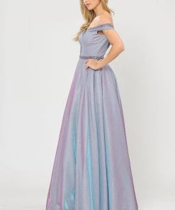 Long Metallic Glitter Off Shoulder Dress By Poly USA 8664 Prom