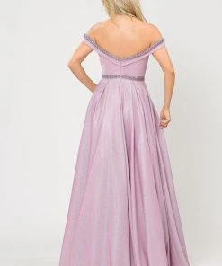 Long Metallic Glitter Off Shoulder Dress By Poly USA 8664 Prom