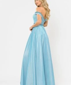 Long Metallic Glitter Off Shoulder Dress By Poly USA 8664 Prom