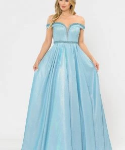 Long Metallic Glitter Off Shoulder Dress By Poly USA 8664 Prom