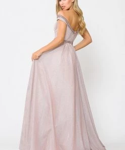 Long Metallic Glitter Off Shoulder Dress By Poly USA 8664 Prom