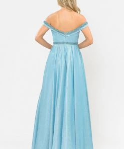 Long Metallic Glitter Off Shoulder Dress By Poly USA 8664 Prom