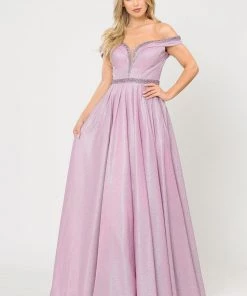 Long Metallic Glitter Off Shoulder Dress By Poly USA 8664 Prom