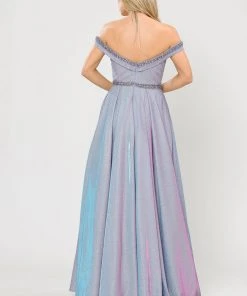 Long Metallic Glitter Off Shoulder Dress By Poly USA 8664 Prom