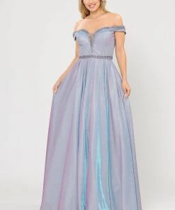 Long Metallic Glitter Off Shoulder Dress By Poly USA 8664 Prom