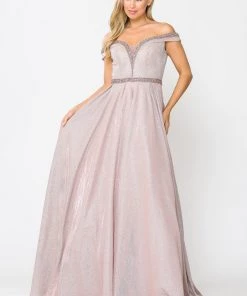 Long Metallic Glitter Off Shoulder Dress By Poly USA 8664 Prom