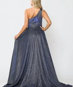 Long Metallic Glitter One Shoulder Dress By Poly USA 8430 Prom