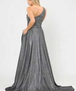 Long Metallic Glitter One Shoulder Dress By Poly USA 8430 Prom