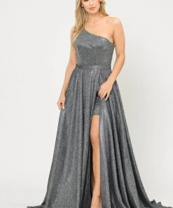Long Metallic Glitter One Shoulder Dress By Poly USA 8430 Prom