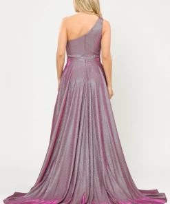 Long Metallic Glitter One Shoulder Dress By Poly USA 8430 Prom