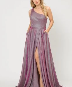 Long Metallic Glitter One Shoulder Dress By Poly USA 8430 Prom