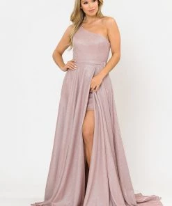 Long Metallic Glitter One Shoulder Dress By Poly USA 8430 Prom