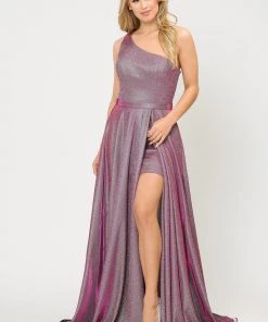 Long Metallic Glitter One Shoulder Dress By Poly USA 8430 Prom