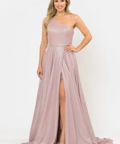 Long Metallic Glitter One Shoulder Dress By Poly USA 8430 Prom