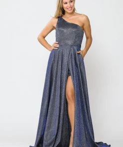 Long Metallic Glitter One Shoulder Dress By Poly USA 8430 Prom
