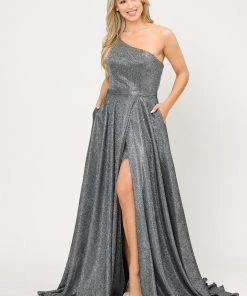 Long Metallic Glitter One Shoulder Dress By Poly USA 8430 Prom