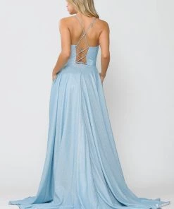 Long Metallic Glitter V-Neck Dress With Slit By Poly USA 8692 Prom