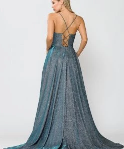 Long Metallic Glitter V-Neck Dress With Slit By Poly USA 8692 Prom